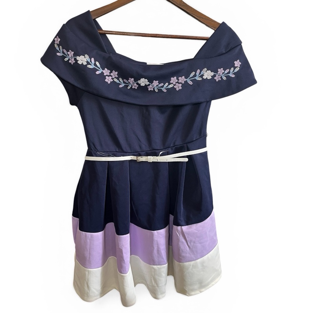 Knitworks Navy Dress with Lilac and Cream Floral Embroidery Size 16.5 Girls